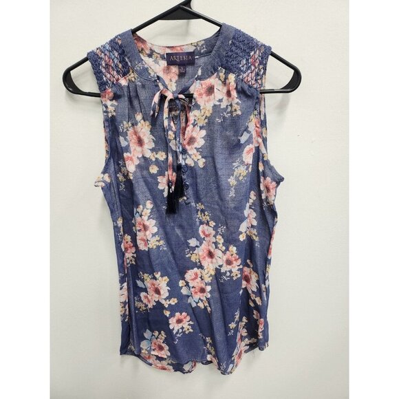 Artesia Womens BOHO Blouse Top Size Small Blue Floral Tassell Tie Sleeveless - Picture 1 of 9
